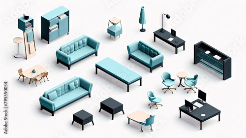 Set of isometric office furniture with desk and chair icons. photo