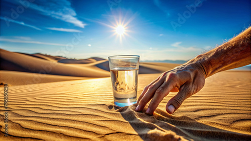 A man's hand reaches for a glass of water in the desert photo