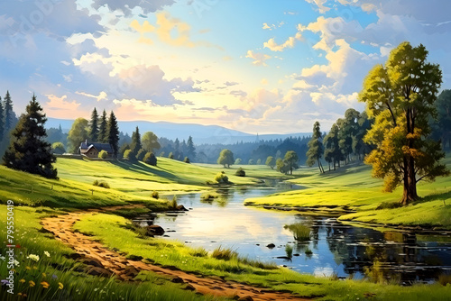 Peaceful summer landscape with a river in a valley against a background of remote forest and mountains in sunny weather