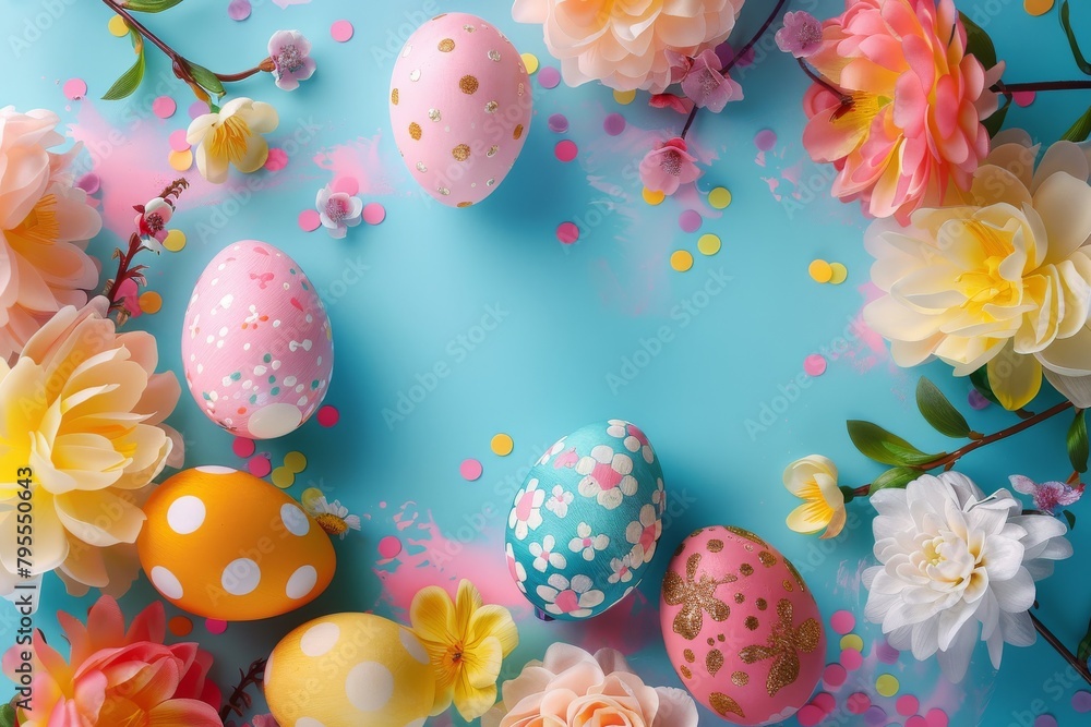 Vibrant Easter background with decorated eggs and spring flowers