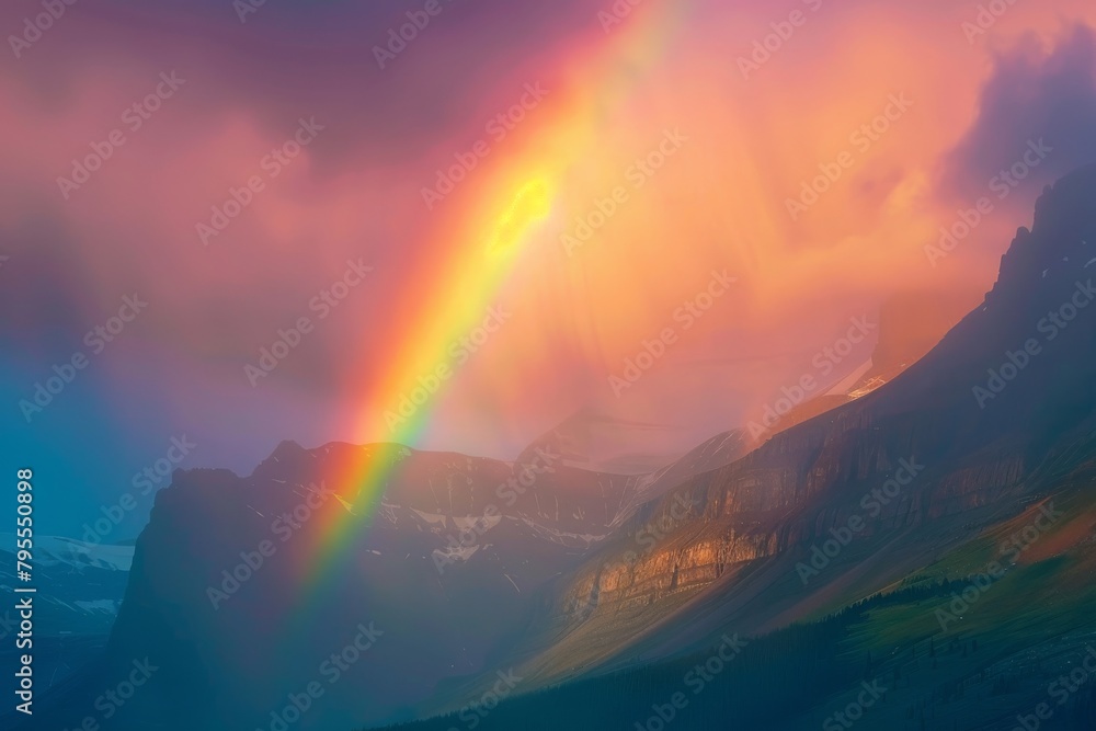 Vibrant rainbow over a mountain range