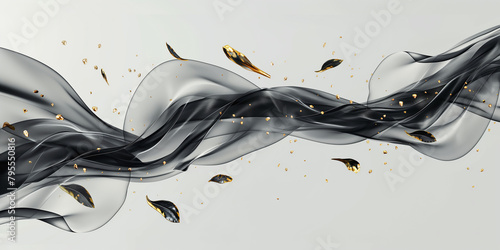 Organza Stoff in welligen schwarz weiß Farben und fliegenden Blätter für Webdesign und Druckvorlage, ai generativ photo