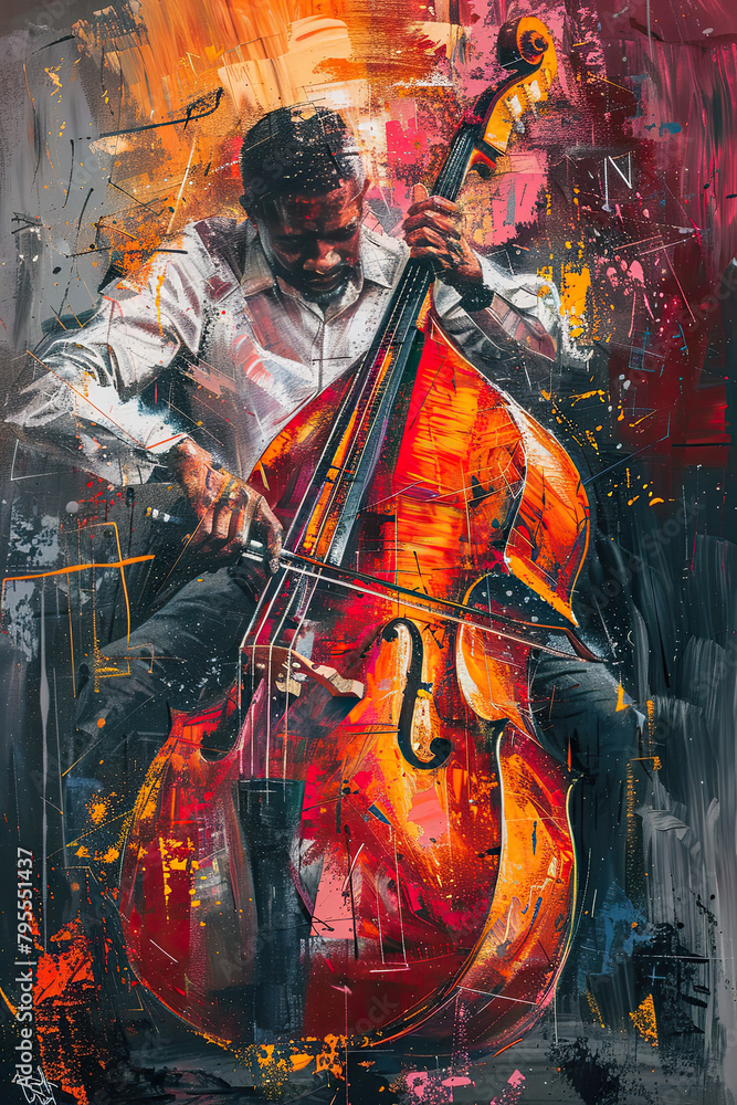 Bass Player Abstract Grunge Background Jazz Poster. Generative AI