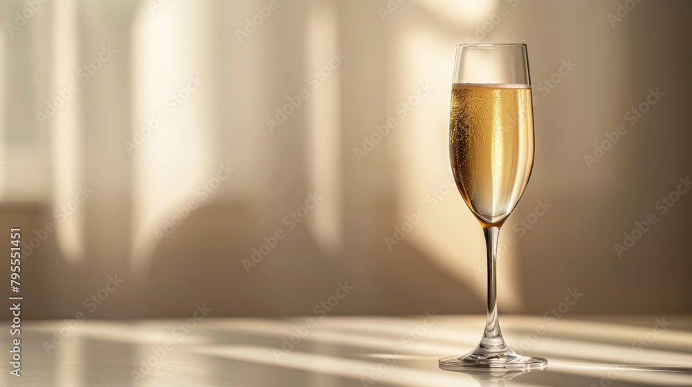 Fototapeta premium A glass of champagne is sitting on a table in front of a window
