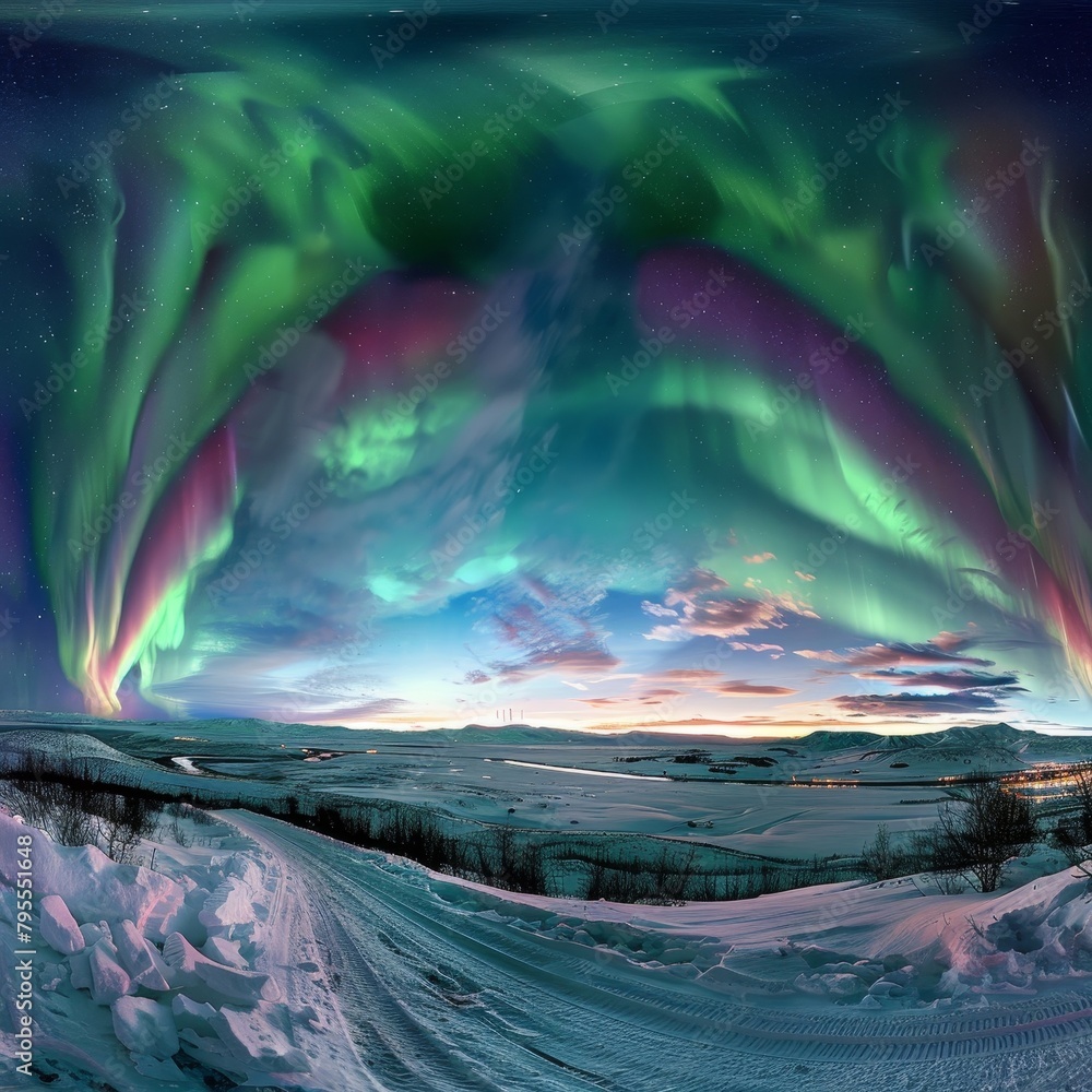 The sky is filled with green auroras, creating a serene and peaceful atmosphere The sky is filled with green auroras, creating a serene and peaceful atmosphere