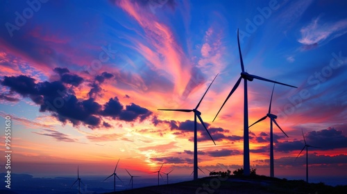 Wind turbines on hill at sunset photo
