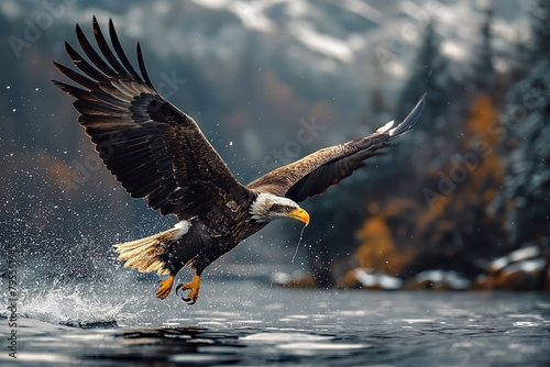 Eagle catches fish with its feet on the water. Animal theme backgrounds. photo