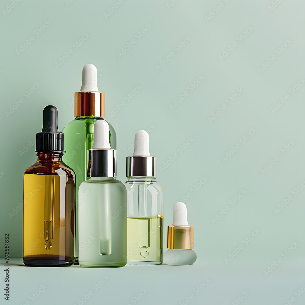 Realistic imagine of different eco cosmetic serum bottles Light green background Realistic imagine of different eco cosmetic serum bottles Light green background