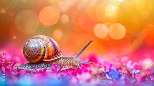 Against a backdrop of vibrant hues, a snail's shell transparently displays a colorful home interior, blending the creature with a burst of domestic warmth.