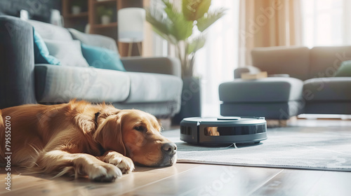 A large dog watches robot vacuum cleaner in action, highlighting the interaction between pets and smart home devices. The concept of cleaning, cleanliness and hygiene in a modern home