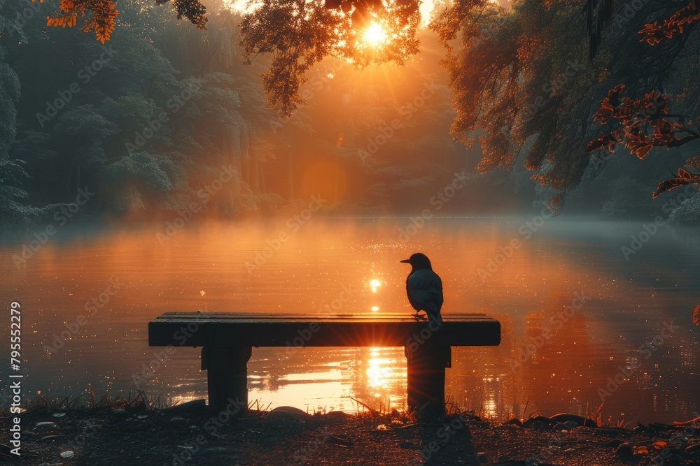 A serene morning with sunlight piercing through trees onto a tranquil lake, featuring a single bird resting on a bench A serene morning with sunlight piercing through trees onto a tranquil lake, featuring a single bird resting on a bench