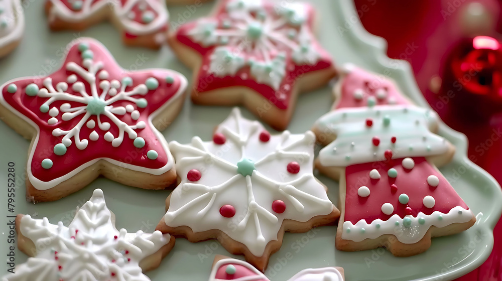 a plate of decorated gingerbread cookies featuring white and red cookies, with a red and white cake a plate of decorated gingerbread cookies featuring white and red cookies, with a red and white cake