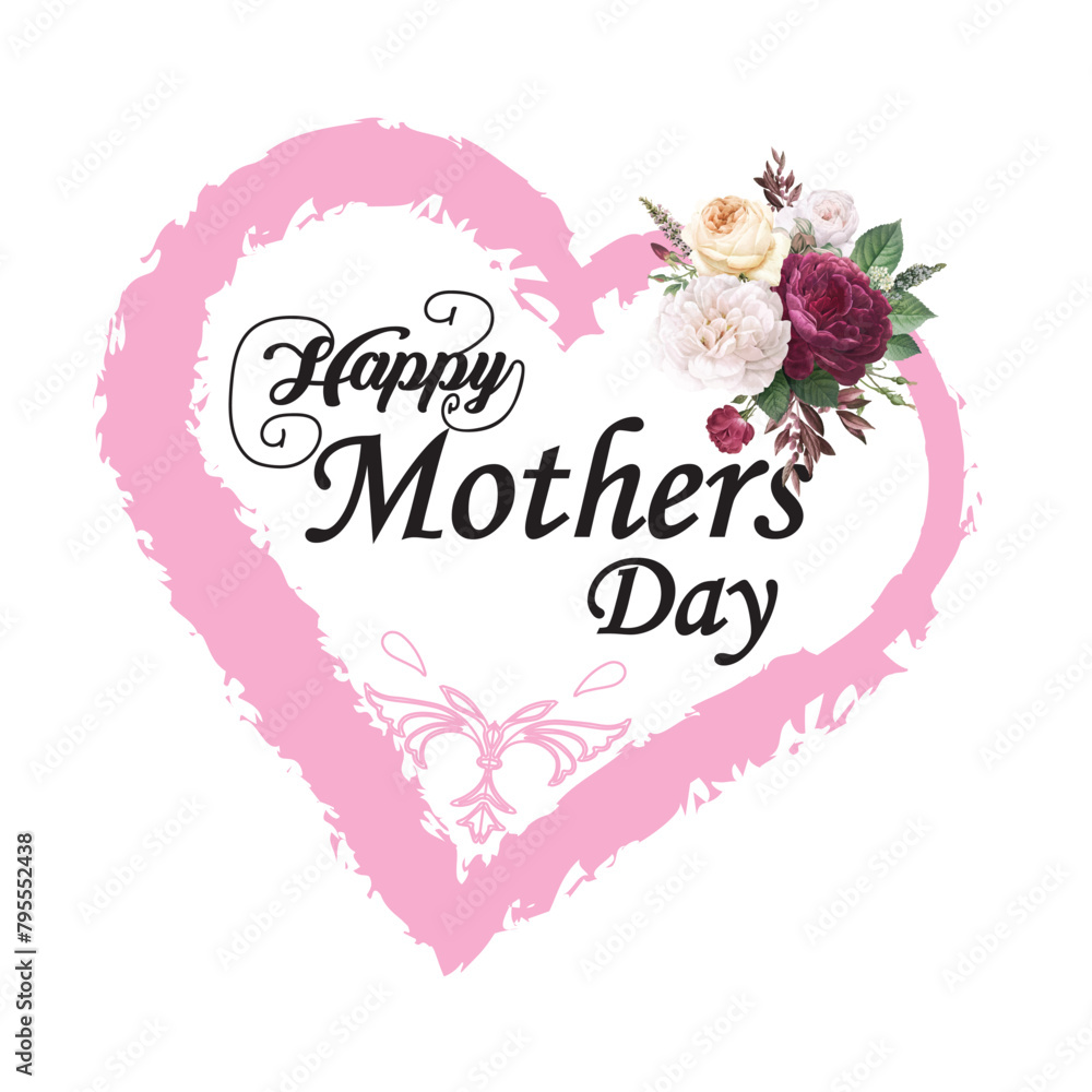 Mother day Happy mothers day with heart and bouquet of flowers in pink color isolated white background Mother day Happy mothers day with heart and bouquet of flowers in pink color isolated white background