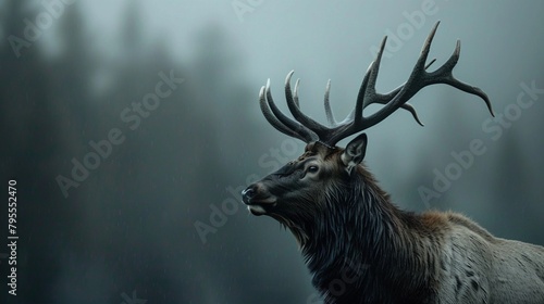 elk in the woods, Majestic Elk Amidst the Misty Forest. Generative AI