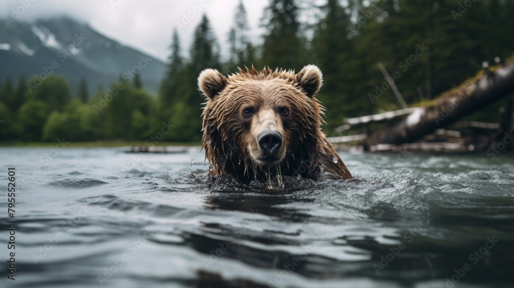 brown bear in the lake, a bear swimming in a natural setting. Generative AI brown bear in the lake, a bear swimming in a natural setting. Generative AI