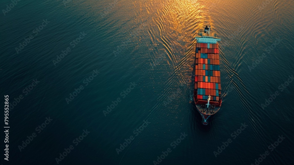Cargo Colossus: A Bird's-Eye View of a Cargo Ship with Multicolored Containers at Sea Cargo Colossus: A Bird's-Eye View of a Cargo Ship with Multicolored Containers at Sea