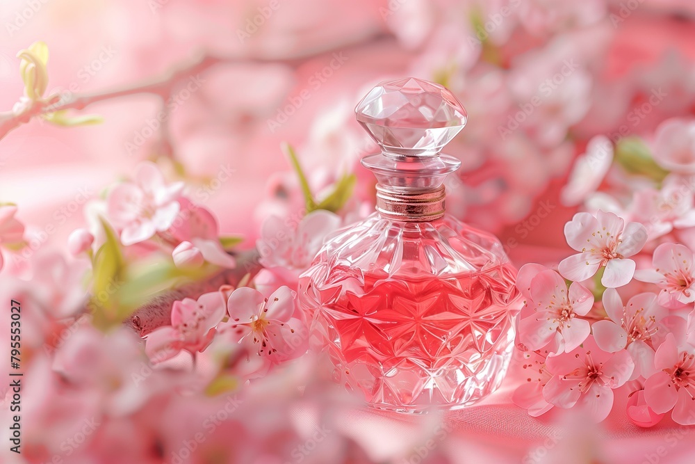 retro crystal glass perfume bottle on a pink background with delicate florals retro crystal glass perfume bottle on a pink background with delicate florals