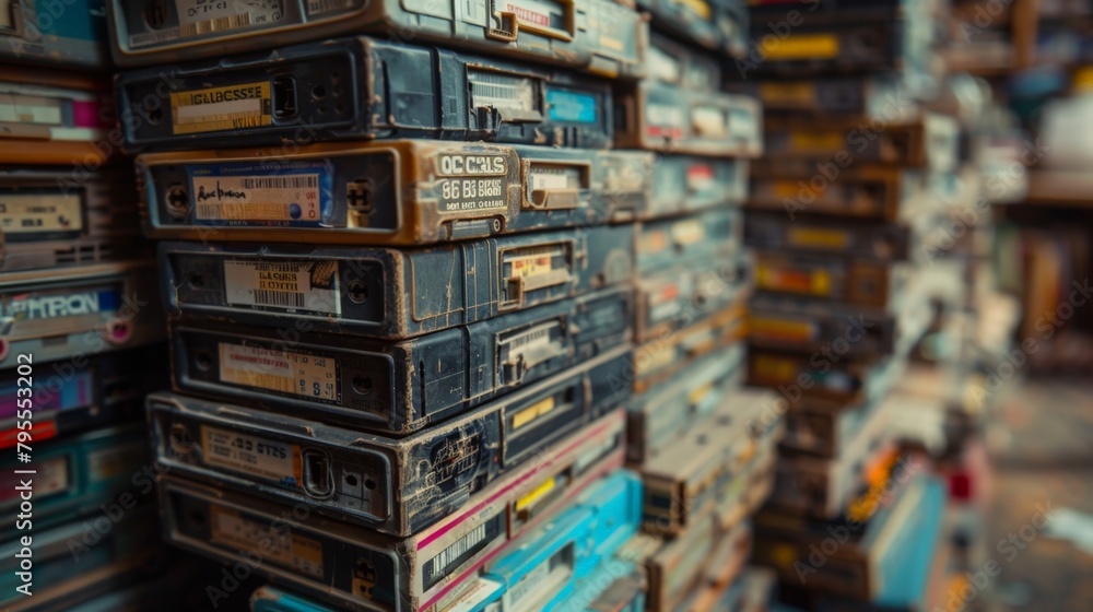 Vintage Collection of Cassette Tapes Stacked in Old Shelves, Displaying a Wide Variety of Classic Titles and Genres in a Nostalgic Music Store