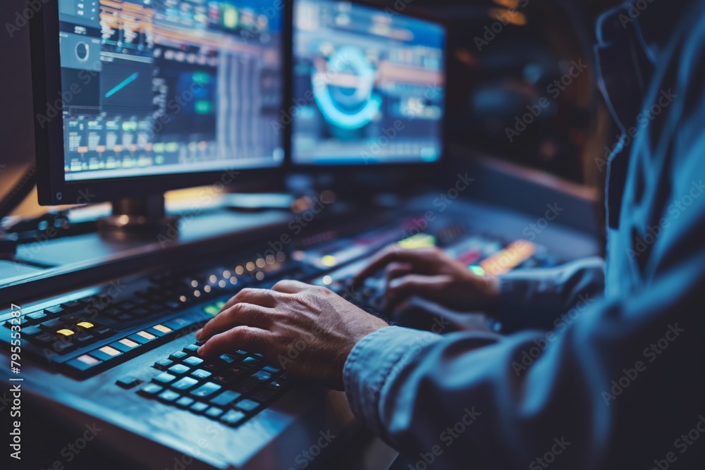 Person programming electronic device in dark room Person programming electronic device in dark room