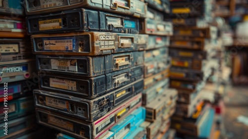 Vintage Collection of Cassette Tapes Stacked in Old Shelves, Displaying a Wide Variety of Classic Titles and Genres in a Nostalgic Music Store photo