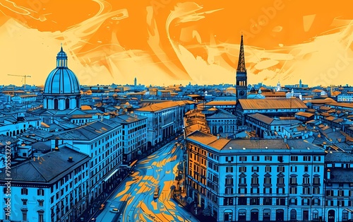 Pop art artistic image of italian city with mole antonelliana and piazza vittorio torino
