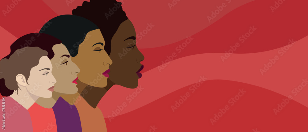 Women of different nationalities and different ethnicities together. A group of beautiful women with different beauty, hair and skin color. Ethnic diversity, beauty and women's solidarity. Women of different nationalities and different ethnicities together. A group of beautiful women with different beauty, hair and skin color. Ethnic diversity, beauty and women's solidarity.