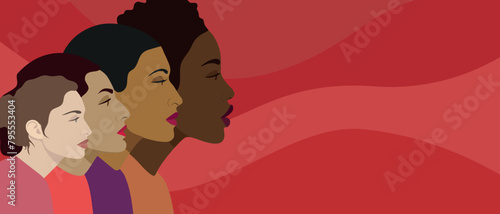 Women of different nationalities and different ethnicities together. A group of beautiful women with different beauty, hair and skin color. Ethnic diversity, beauty and women's solidarity.