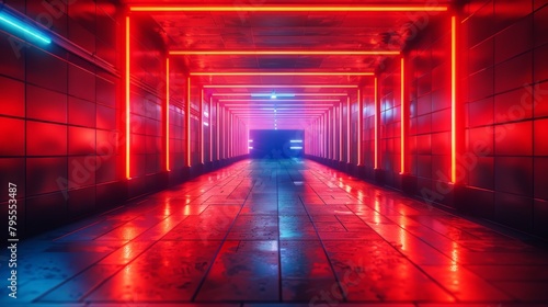Futuristic Neon-Lit Corridor with Vibrant Red and Blue Lights Reflecting on a Glossy Floor in a Modern Architectural Setting