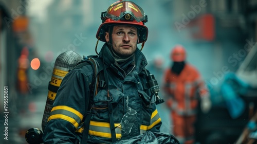 Resolute Firefighter Standing Amidst Urban Destruction, Post-Blaze, with a Look of Determination © Increasi