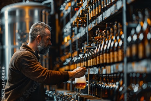 Brewmaster Contemplating His Craft Beer Collection in a Brewery with Shelves of Artisanal Bottles photo