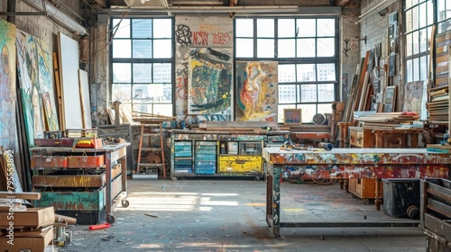Spacious Artist's Studio Bathed in Natural Light with Colorful Canvases and Paints Ready for Creation