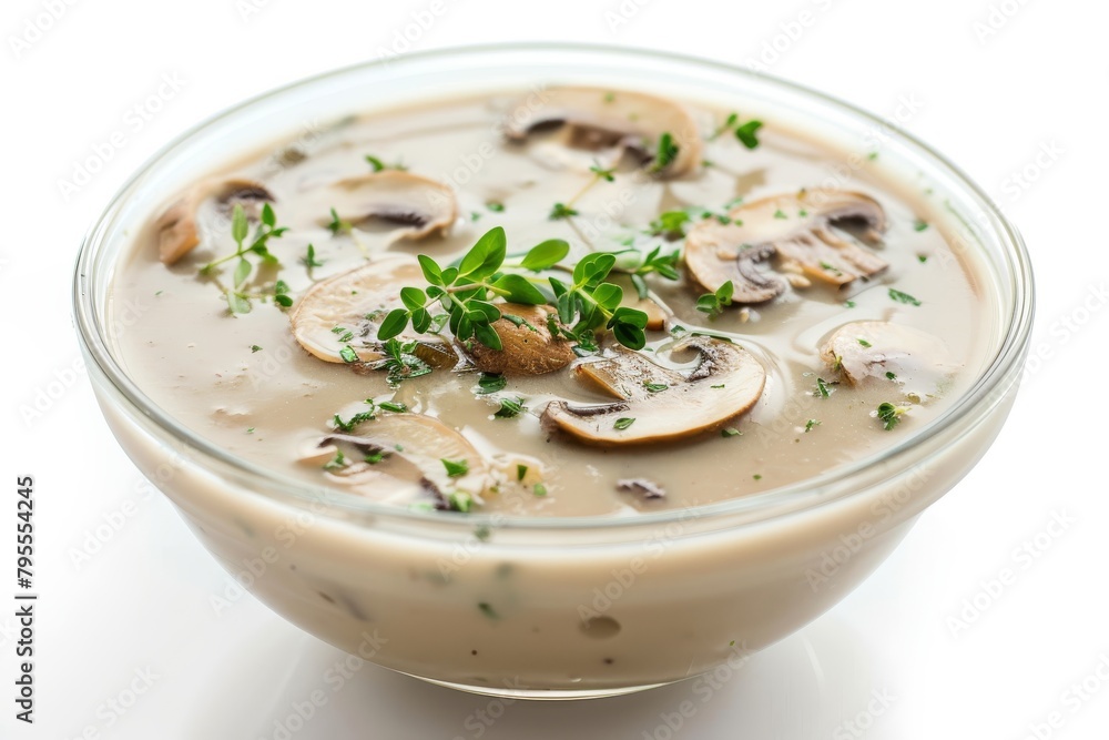 A bowl of creamy mushroom soup with herbs on a transparent white surface A bowl of creamy mushroom soup with herbs on a transparent white surface