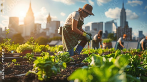 Urban Gardener Tending to a Rooftop Vegetable Garden with City Skyline in the Background at Sunset