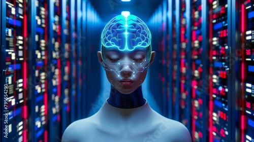 Futuristic AI Humanoid with Glowing Brain Interface Standing in a High-Tech Data Center