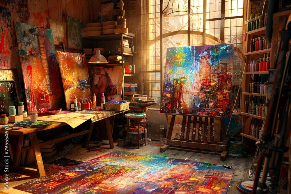 An artist's studio with a large window, a painting on an easel, and a table with paints and brushes.