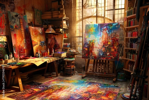 An artist's studio with a large window, a painting on an easel, and a table with paints and brushes. © weerasak