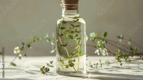 A transparent bottle of aromatherapy essential oil with fresh thyme