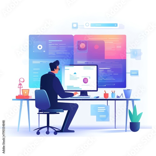 Minimalist UI illustration of Programmerin a flat illustration style on a white background with bright Color scheme, dribbble, flat vector
