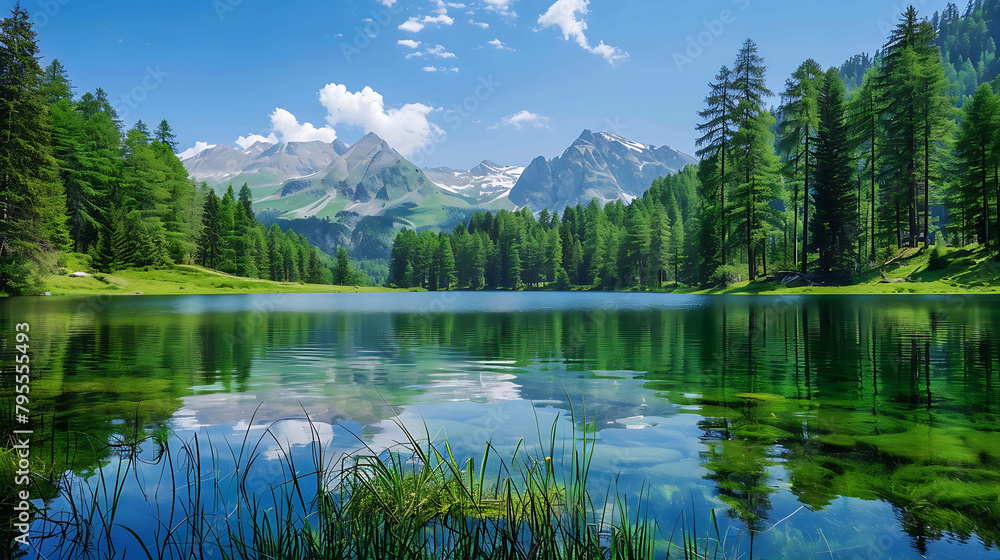 a serene mountain lake surrounded by lush green trees and a clear blue sky, with white clouds addin