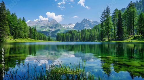 a serene mountain lake surrounded by lush green trees and a clear blue sky  with white clouds addin