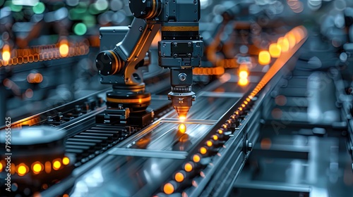 Detailed close-up of robotic arms assembling electric car components on the production line, show