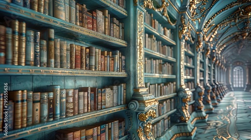 Close-up perspective of a whimsical bookshelf filled with fairy tales and fantasy novels, ins photo