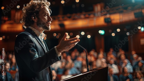 A dynamic shot of a man gesturing passionately while delivering a speech from a podium on sta photo