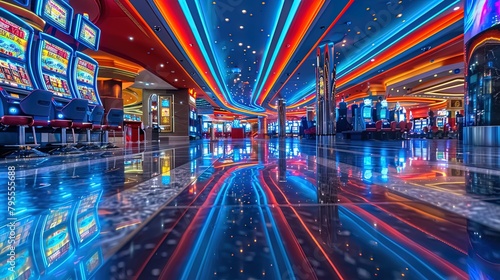 A dynamic casino environment, with swirling patterns of light dancing across the walls and ceili