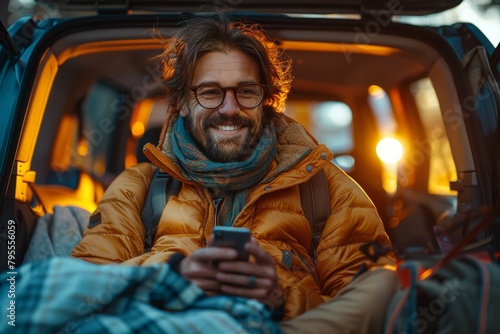 A joyful man in a yellow jacket smiles holding a phone in the back of a car during twilight