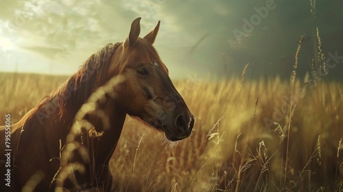 horse in the field, A Horse Amidst the Whispering Fields. Generative AI