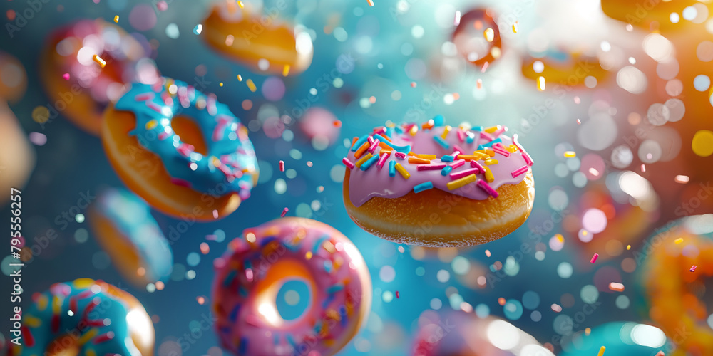 Fliegende bunte leckere Donuts mit Glasur und Streussel als Webdesign und Druckvorlage, ai generativ