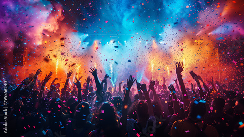 Dynamic Concert Atmosphere with Confetti Explosion and Joyful Audience