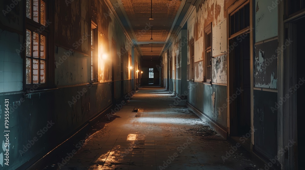 Abandoned asylum hallway with flickering lights and shadows, intensely eerie