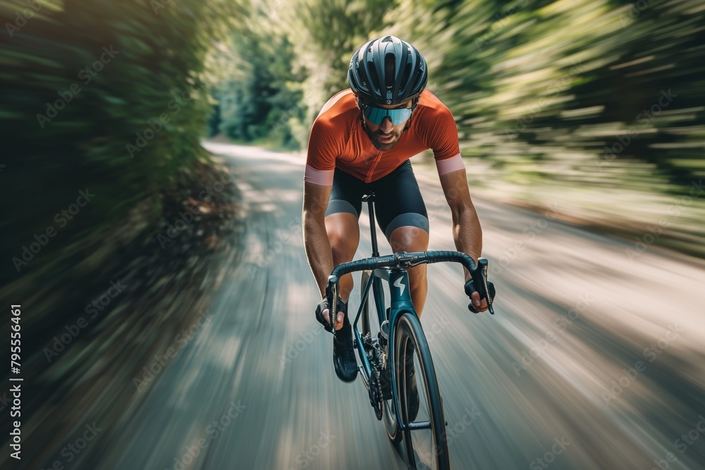 Naklejka premium Blurred speed effect cyclist racing on a road